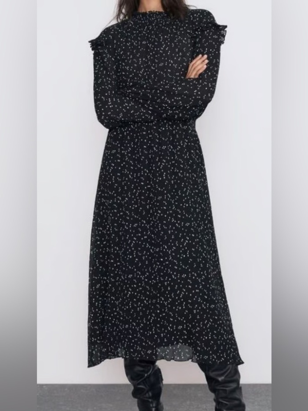 Zara Black Long-Sleeve Midi Dress with White Dot Print